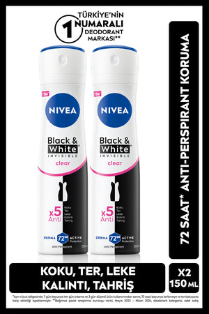 Nivea Women's Spray Deodorant Black&white Clear 150ml, 72 Hours Anti-perspirant Sweat Protection, X2 Pieces
