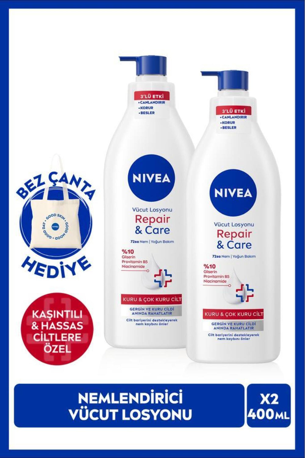 Nivea Repair Care Moisturizing Body Care Lotion 400ml, Itchy Sensitive Skin, X2 Pieces, Bag Gift