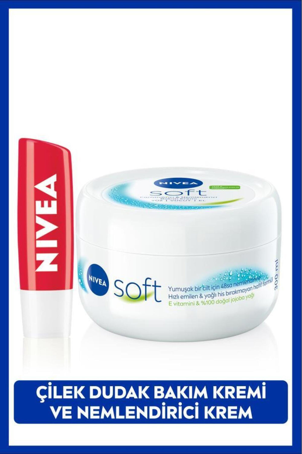 Nivea Soft Cream 300ml and Strawberry Moisturizing Lip Care Cream 4.8gr, Light Red Shine, Natural Oils