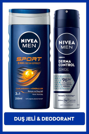 Nivea MEN Men's Spray Deodorant Derma Control Clinical 150ml and Sport Shower Gel 250ml, Care Set