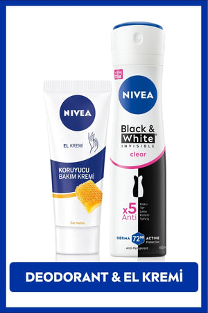 Nivea Protective Moisturizing Hand Care Cream 75ml and Women's Spray Deodorant Black&White 150ml, Sweat Protection