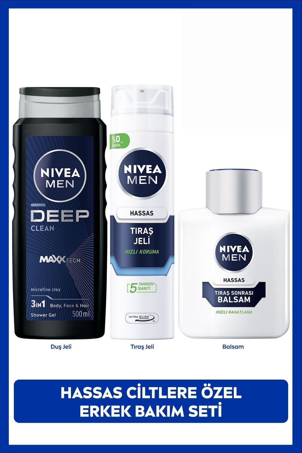 Nivea MEN Men's Deep Clean Shower Gel 500ml, Sensitive Shave Gel and After Shave Moisturizing Balm 100ml