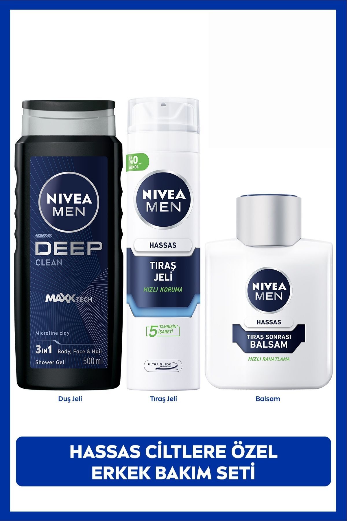 Nivea MEN Men's Deep Clean Shower Gel 500ml, Sensitive Shave Gel and After Shave Moisturizing Balm 100ml