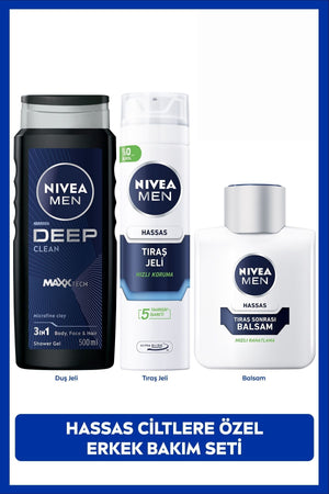 Nivea MEN Men's Deep Clean Shower Gel 500ml, Sensitive Shave Gel and After Shave Moisturizing Balm 100ml