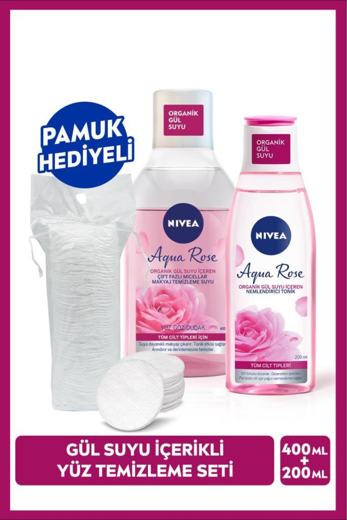 Nivea Aqua Rose Dual Phase Micellar Make-up Cleansing Water 400ml and Moisturizing Tonic 200ml, Cotton Gift
