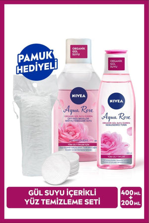 Nivea Aqua Rose Dual Phase Micellar Make-up Cleansing Water 400ml and Moisturizing Tonic 200ml, Cotton Gift