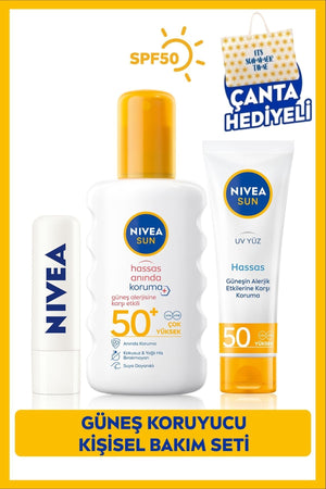 Nivea SUN SPF50+ Sensitive Sunscreen Spray, Facial Sunscreen, Colorless Lip Balm, Beach Bag Gift