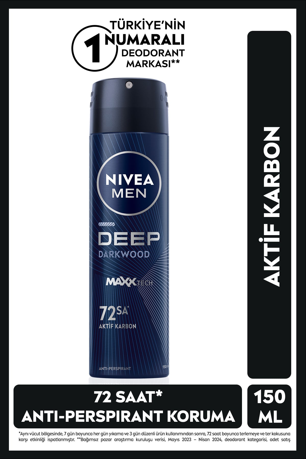 Nivea MEN Men's Spray Deodorant Deep Darkwood Activated Carbon 150ml, 72 Hours Anti-perspirant Sweat Protection