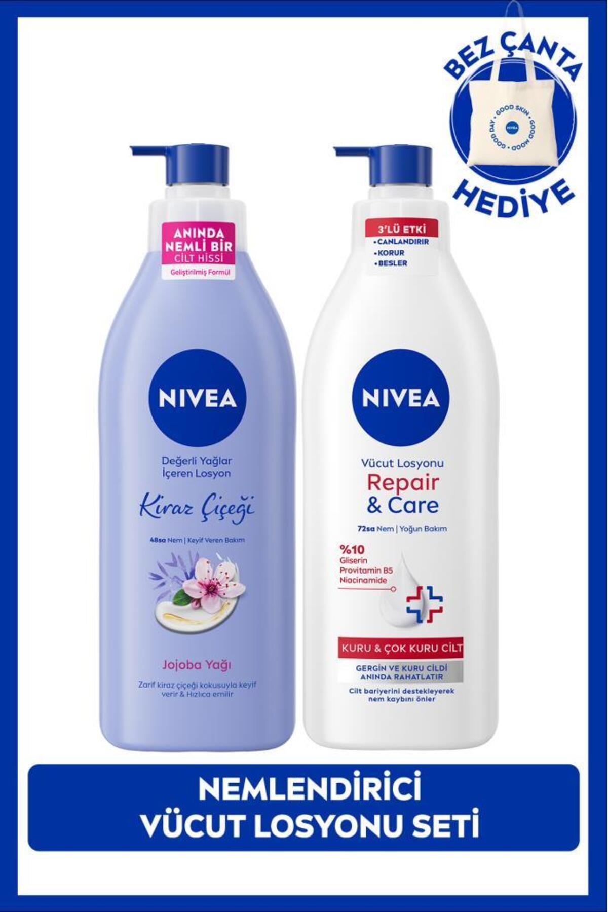 Nivea Repair Care Moisturizing Body Care Lotion 400ml and Cherry Blossom Body Lotion 400ml, Gift Bag