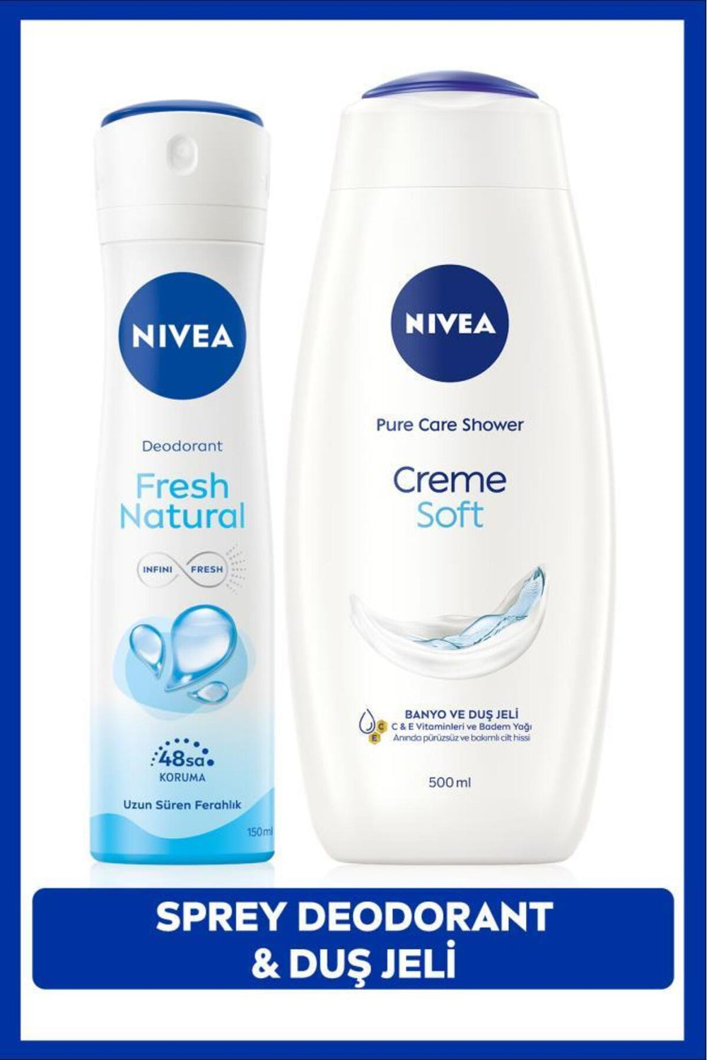 Nivea Women's Spray Deodorant Fresh Natural 150ml and Creme Soft Moisturizing Shower Gel 500ml, Vitamin E