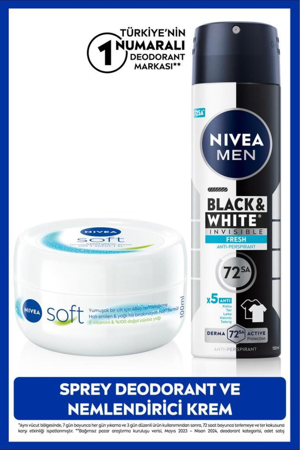 Nivea MEN Men's Spray Deodorant Black&White Invisible Fresh 150ml and Moisturizing Body Care Cream 100ml