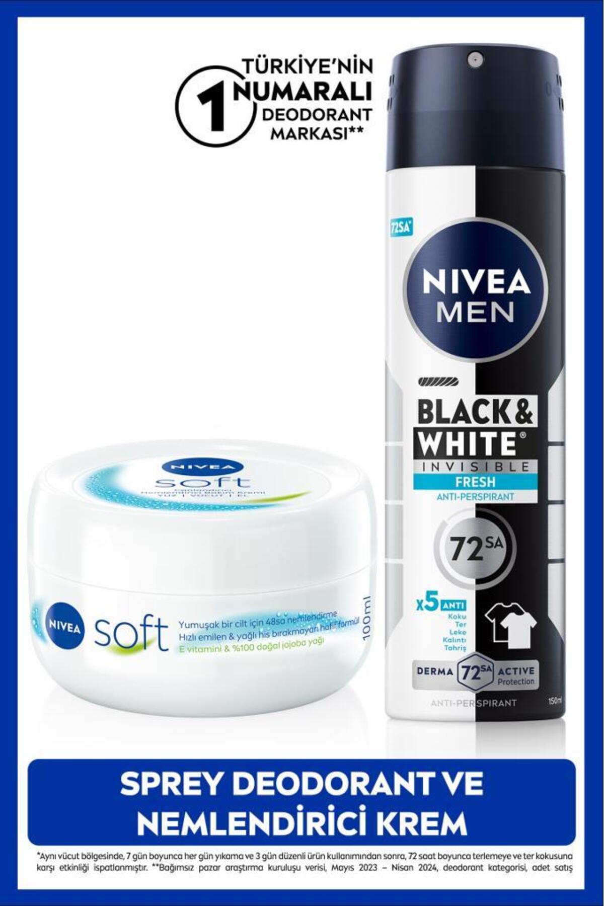 Nivea MEN Men's Spray Deodorant Black&White Invisible Fresh 150ml and Moisturizing Body Care Cream 100ml