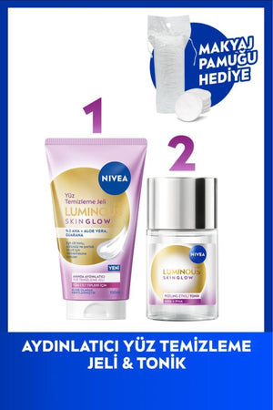 Nivea Skin Glow Brightening Care Set, Facial Cleansing Gel 150ml and Tonic with Peeling Effect, Cotton Gift