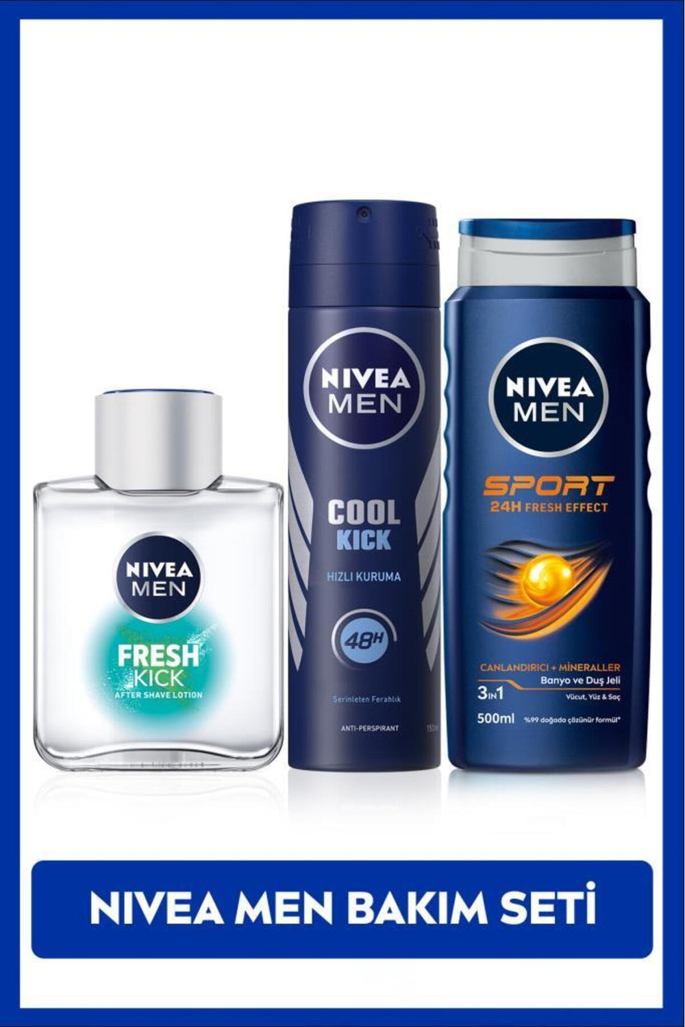 Nivea Men's Cool Kick Fresh Spray Deodorant 150ml, Kick Fresh Aftershave Lotion, Sport Shower Gel 500ml