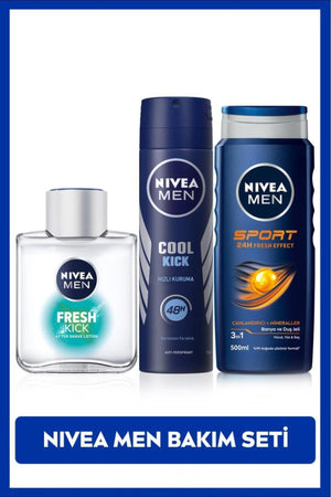 Nivea Men's Cool Kick Fresh Spray Deodorant 150ml, Kick Fresh Aftershave Lotion, Sport Shower Gel 500ml