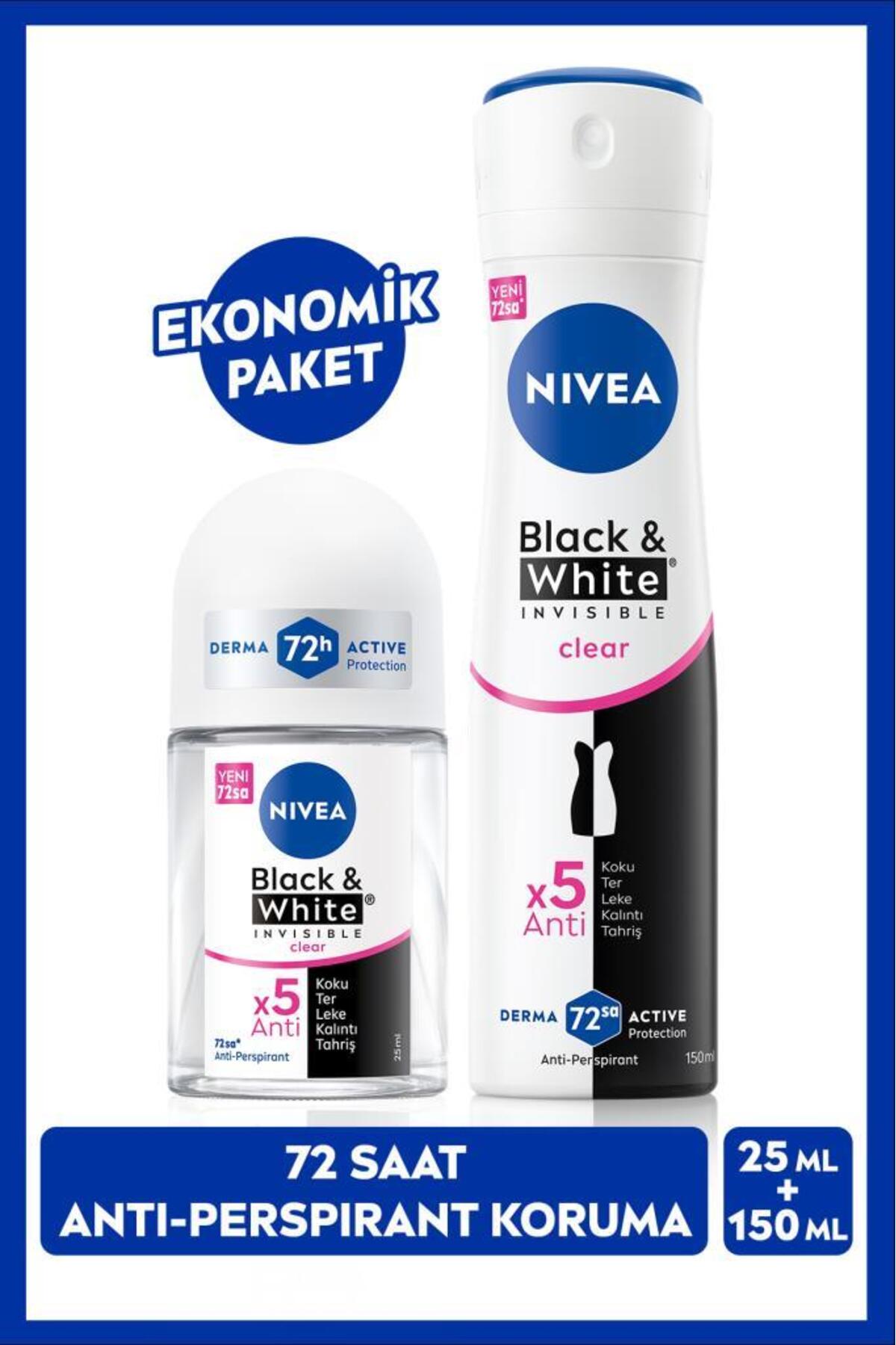 Nivea Women's Spray Deodorant Black&white Clear 150ml and Mini Roll-on Black&white Clear