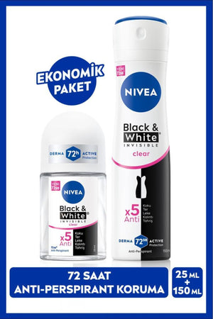 Nivea Women's Spray Deodorant Black&white Clear 150ml and Mini Roll-on Black&white Clear
