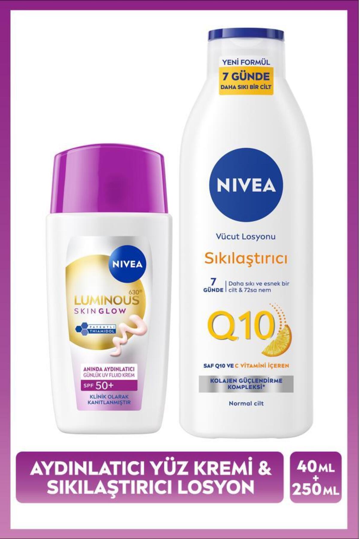 Nivea SPF50+ Sunscreen Luminous630 Skin Glow Face Cream 40ml and Q10 Firming Body Lotion 250ml