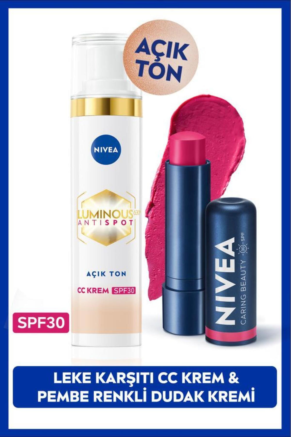 Nivea SPF30 Luminous630 Anti-Blemish CC Cream Light Tone 40ml and Pink Colored Moisturizing Lip Cream