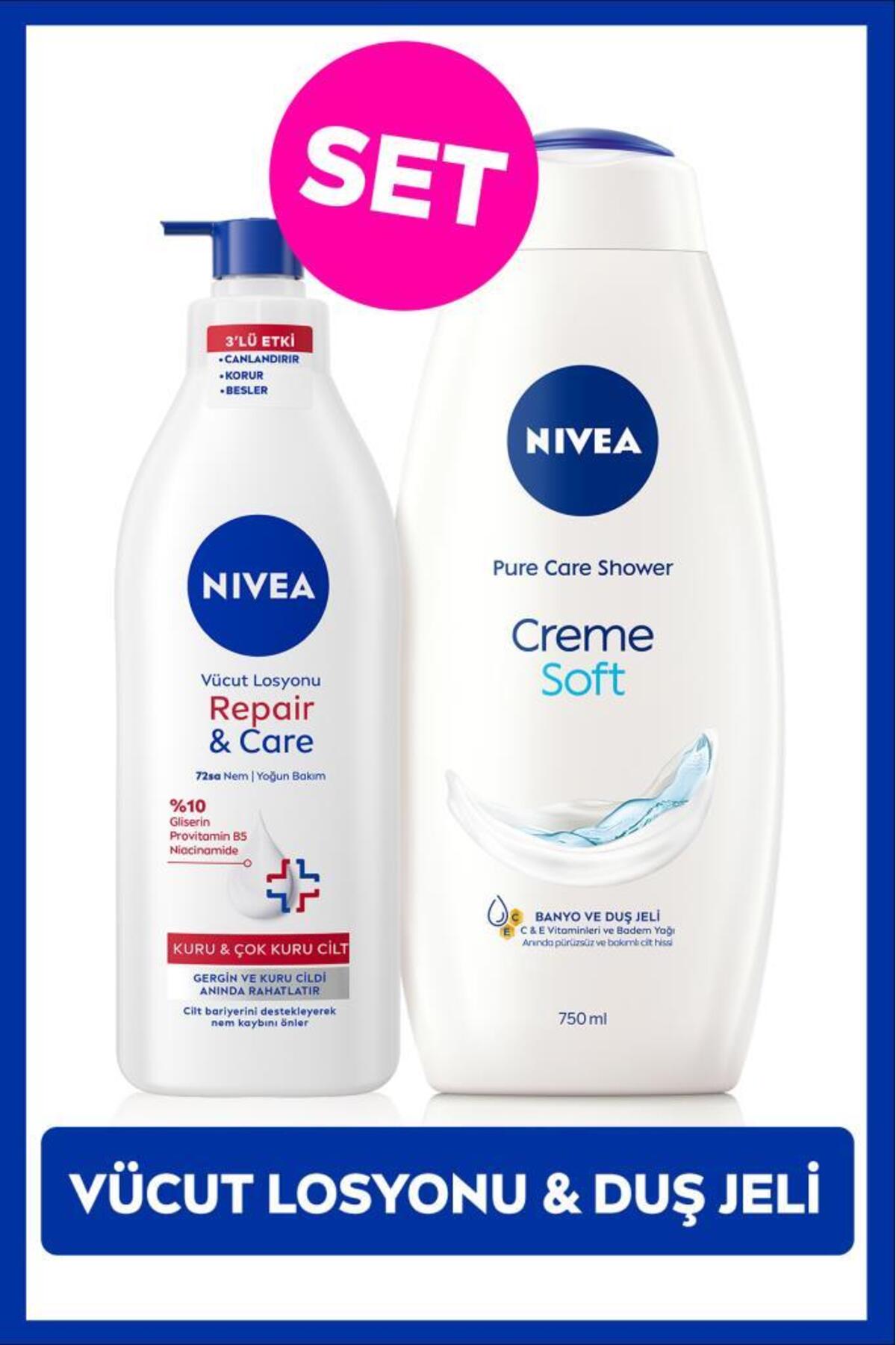 Nivea Creme Soft Bath and Shower Gel 750ml and Repair&Care Intensive Moisturizing Body Lotion 400ml, Dry Skin