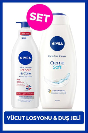 Nivea Creme Soft Bath and Shower Gel 750ml and Repair&Care Intensive Moisturizing Body Lotion 400ml, Dry Skin