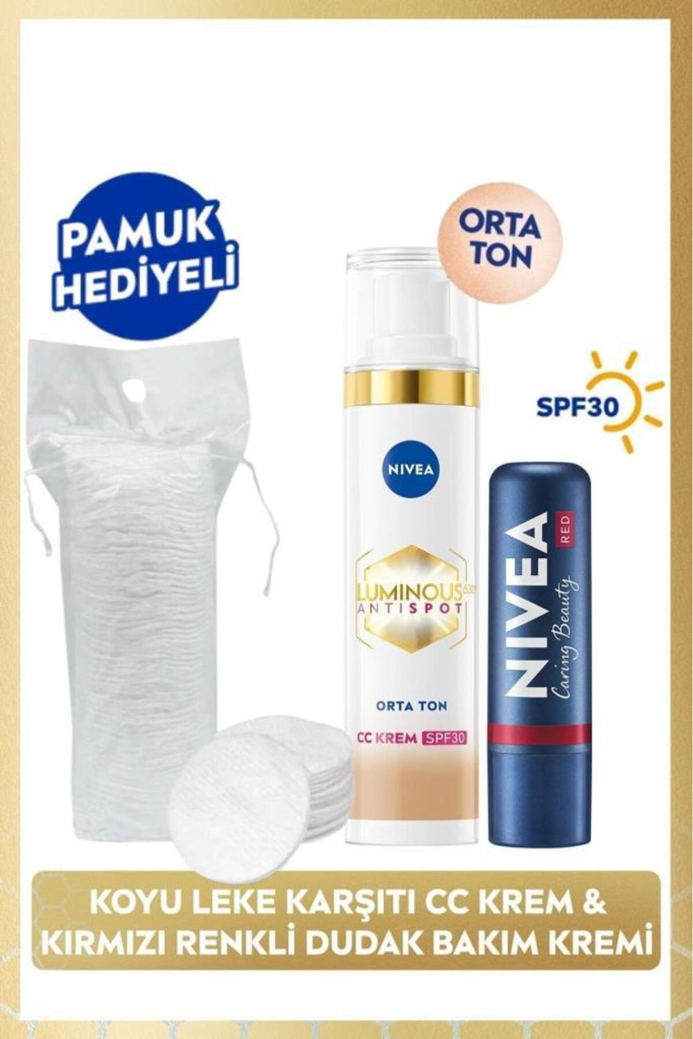 Nivea SPF30 Luminous630 Anti-Blemish CC Cream Mid Tone 40ml and Red Color Lip Cream, Cotton Gift