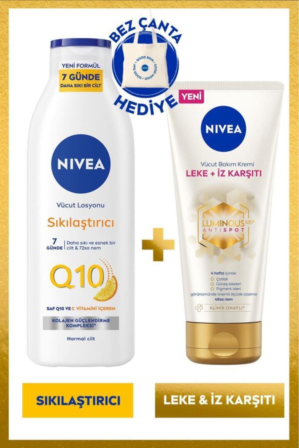 Nivea Q10 Firming Lotion 250ml and Luminous630 Anti-Blemish and Stretch Mark Body Cream 200ml, Bag Gift
