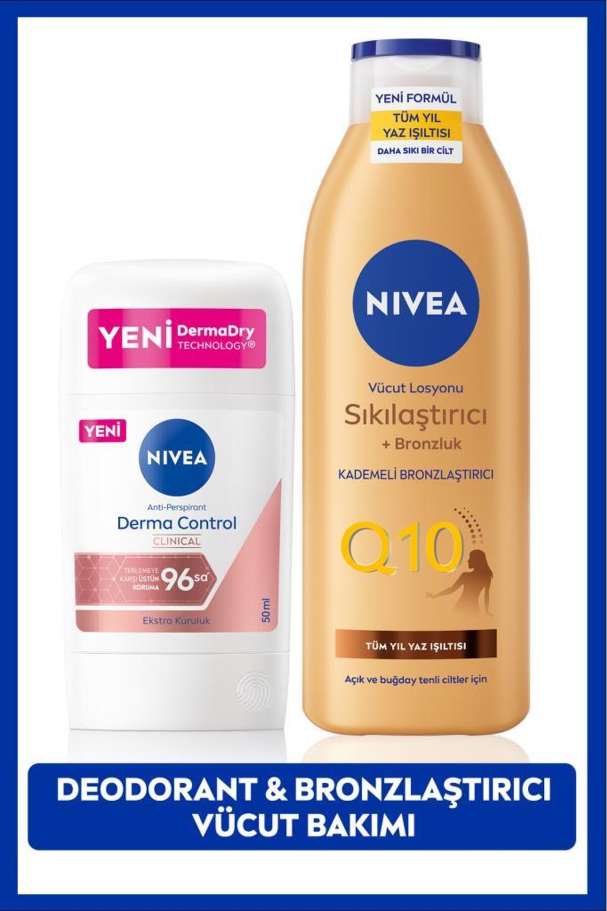 Nivea Q10 Firming Tan Body Lotion 250ml and Women's Stick Deodorant Derma Control Clinical 50ml