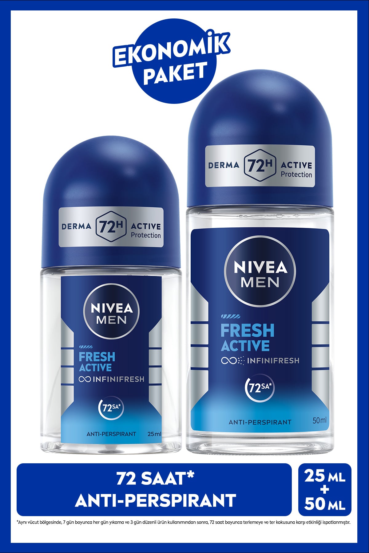Nivea MEN Men's Roll-on Deodorant Fresh Active 50ml and Mini Roll-on 25ml, Travel Size, 72 Hours Protection