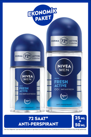 Nivea MEN Men's Roll-on Deodorant Fresh Active 50ml and Mini Roll-on 25ml, Travel Size, 72 Hours Protection