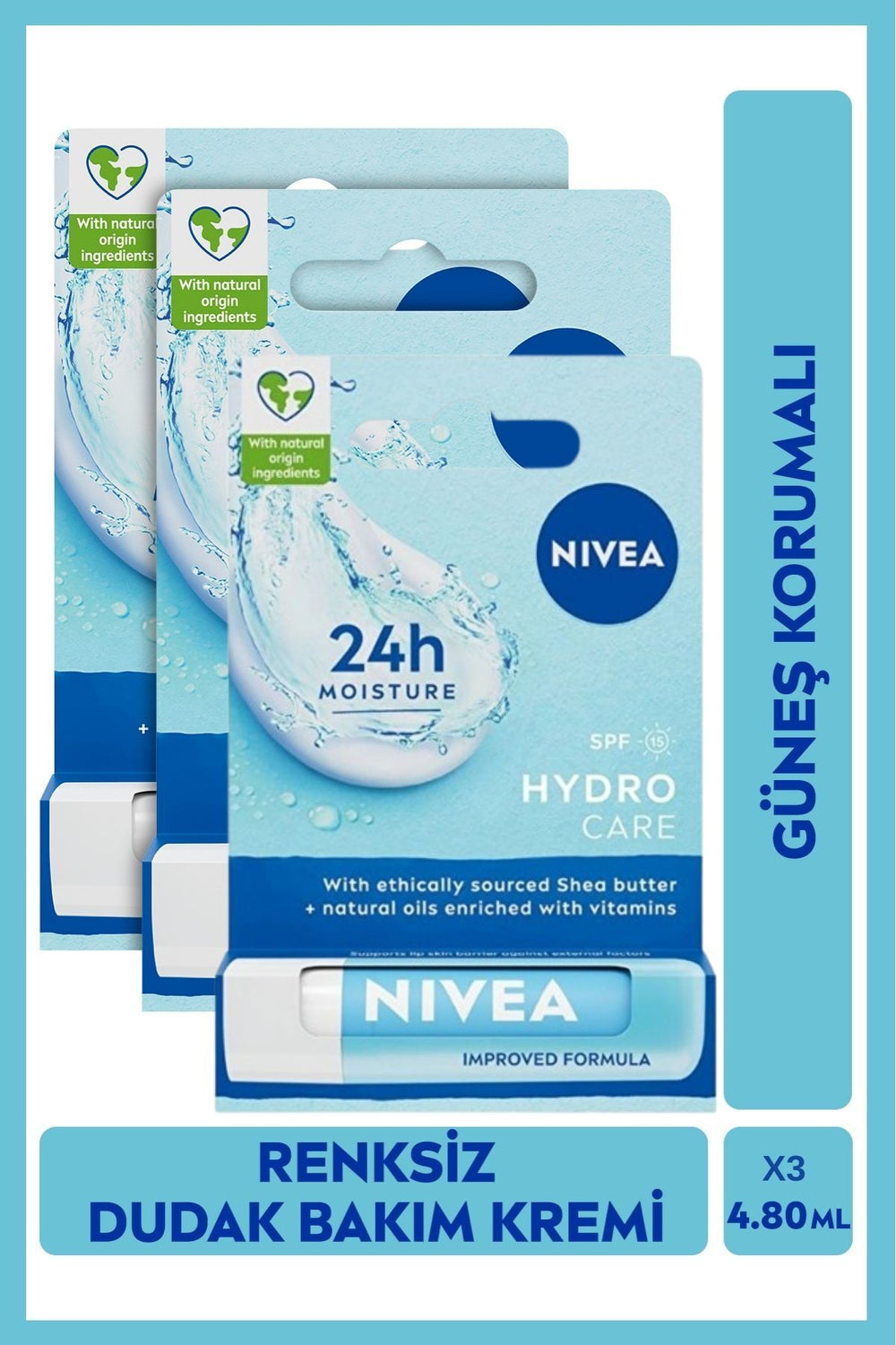 Nivea Colorless Lip Care Cream Hydro Care 4.8gr, 24 Hour Moisturizer, SPF15 Sunscreen, X3 Pieces