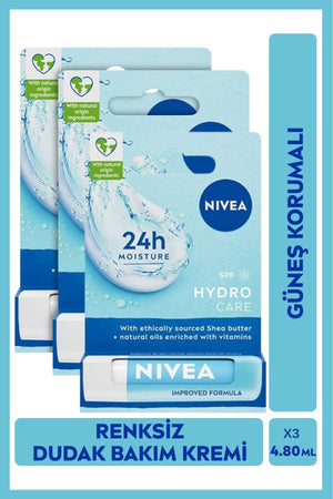 Nivea Colorless Lip Care Cream Hydro Care 4.8gr, 24 Hour Moisturizer, SPF15 Sunscreen, X3 Pieces