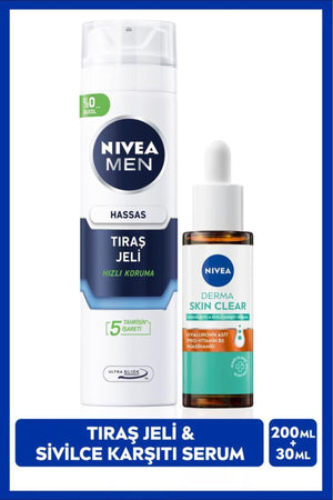 Nivea Men's Sensitive Shaving Gel 200ml and Derma Skin Clear Anti Serum 30ml, Skin Care Set