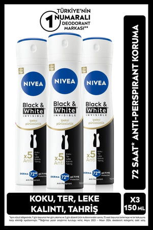 Nivea Women's Spray Deodorant Black&White Invisible Silky Smoothness 150ml, 72 Hours Sweat Protection, Alcohol-free