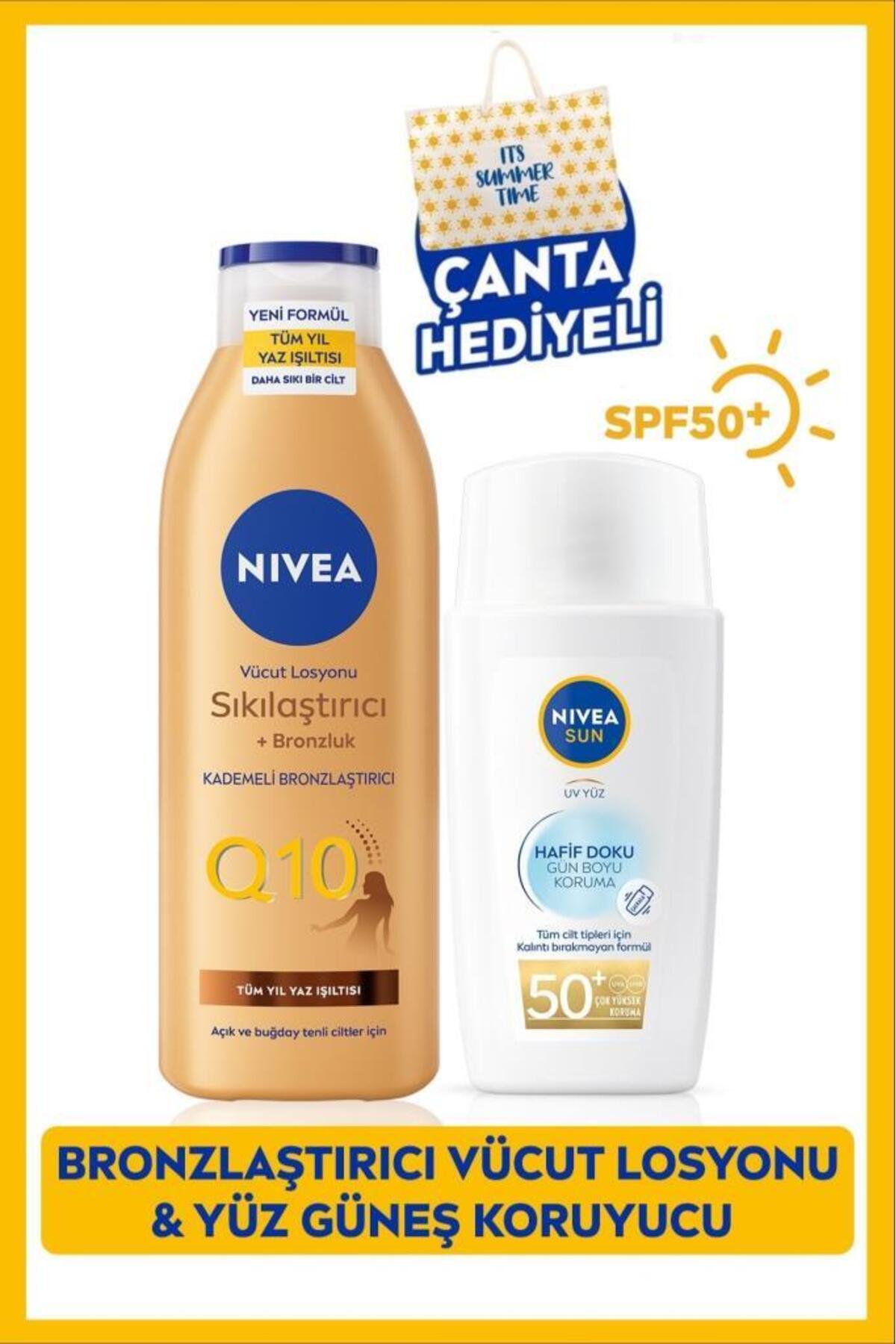 Nivea SUN SPF50+ Light Textured Facial Sunscreen 40ml And Q10 Firming Bronzing Lotion, Gift Bag