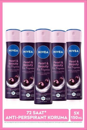 Nivea Women's Spray Deodorant Pearl&Beauty Fine Fragrance 150ml, 72 Hours Sweat Protection, Alcohol-Free, X5 Pieces