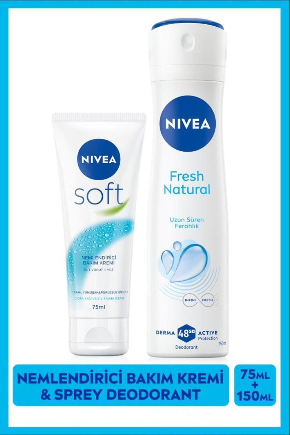 Nivea Soft Moisturizing Care Cream 75ml and Women's Spray Deodorant Fresh Natural 150ml, Anti Sweat Odor