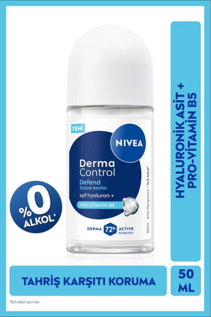 Nivea Women's Roll on Deodorant Derma Control Defend 50 ml, 72 Hours Protection, Alcohol-free, Hyaluron, Pro Vitamin