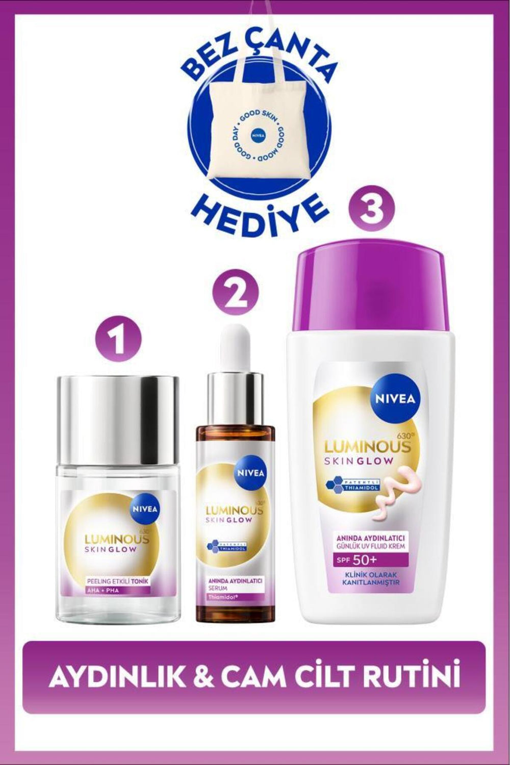 Nivea Brightening Skin Care Routine, Facial Sunscreen 40ml, Skin Serum 30ml and Tonic, Cloth Bag Gift