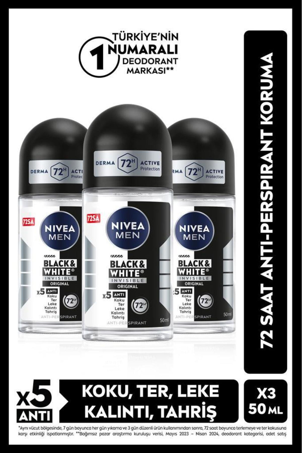 Nivea MEN Men's Roll-on Deodorant Black&white Original 50ml, 72 Hours Protection, X3 Pieces