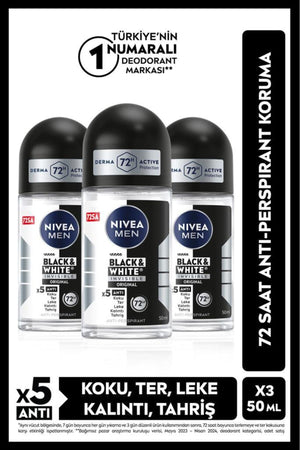 Nivea MEN Men's Roll-on Deodorant Black&white Original 50ml, 72 Hours Protection, X3 Pieces