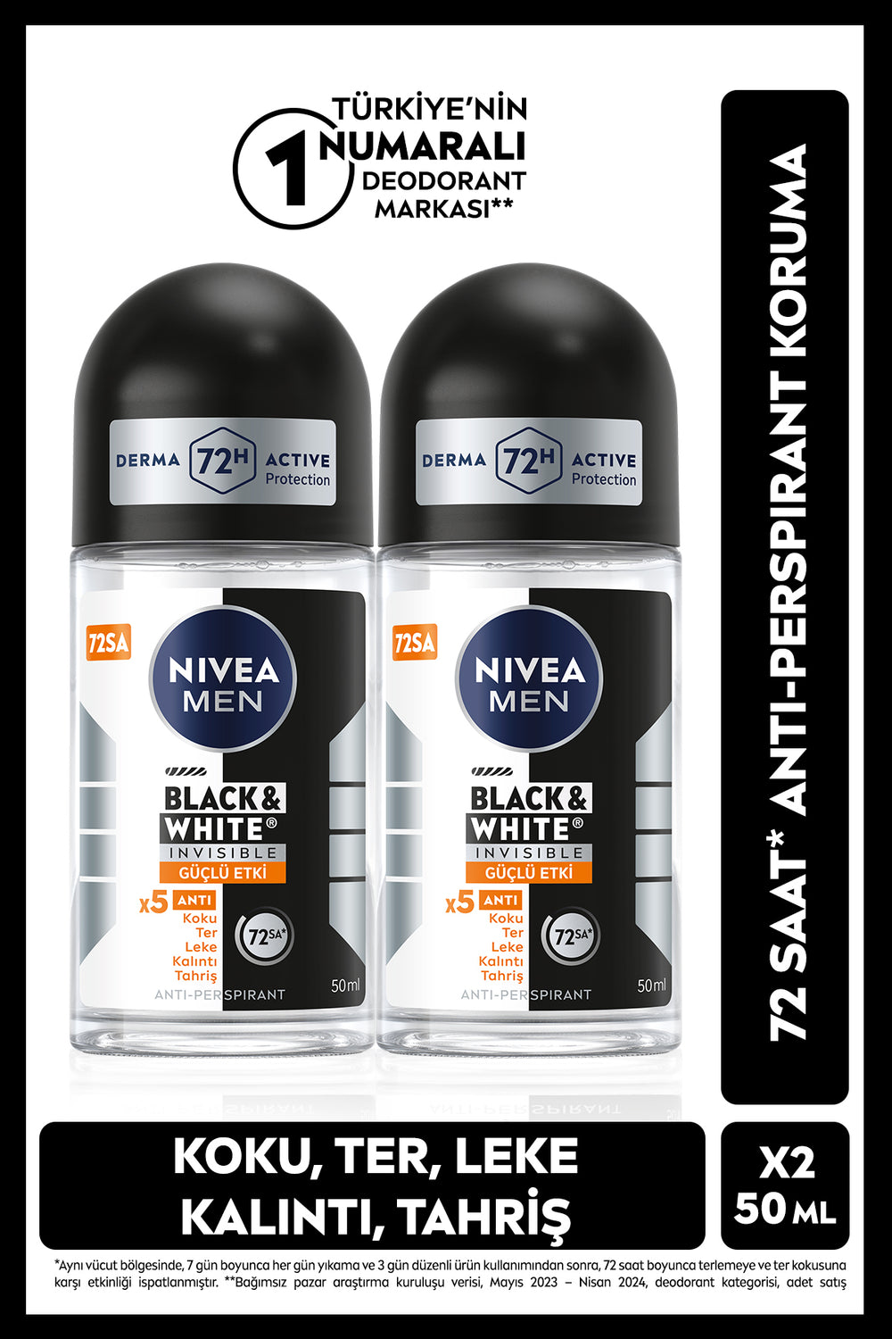 Nivea MEN Men's Roll on Deodorant Black&White Invisible Strong Effect 50ml, Advantageous Pack of 2