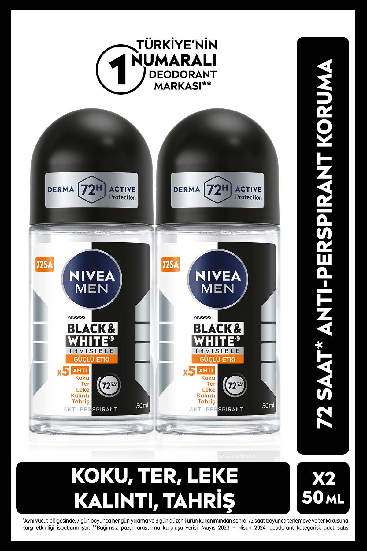 Nivea MEN Men's Roll on Deodorant Black&White Invisible Strong Effect 50ml, Advantageous Pack of 2