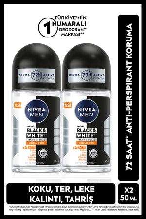 Nivea MEN Men's Roll on Deodorant Black&White Invisible Strong Effect 50ml, Advantageous Pack of 2
