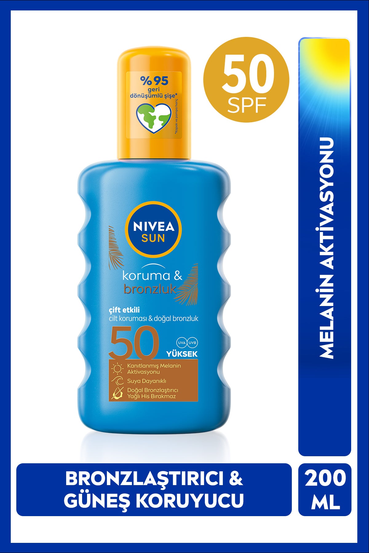 Nivea SUN SPF50 Protection And Tan Sun Spray 200ml, Natural Tan, Water Resistant, Melanin