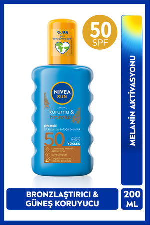 Nivea SUN SPF50 Protection And Tan Sun Spray 200ml, Natural Tan, Water Resistant, Melanin