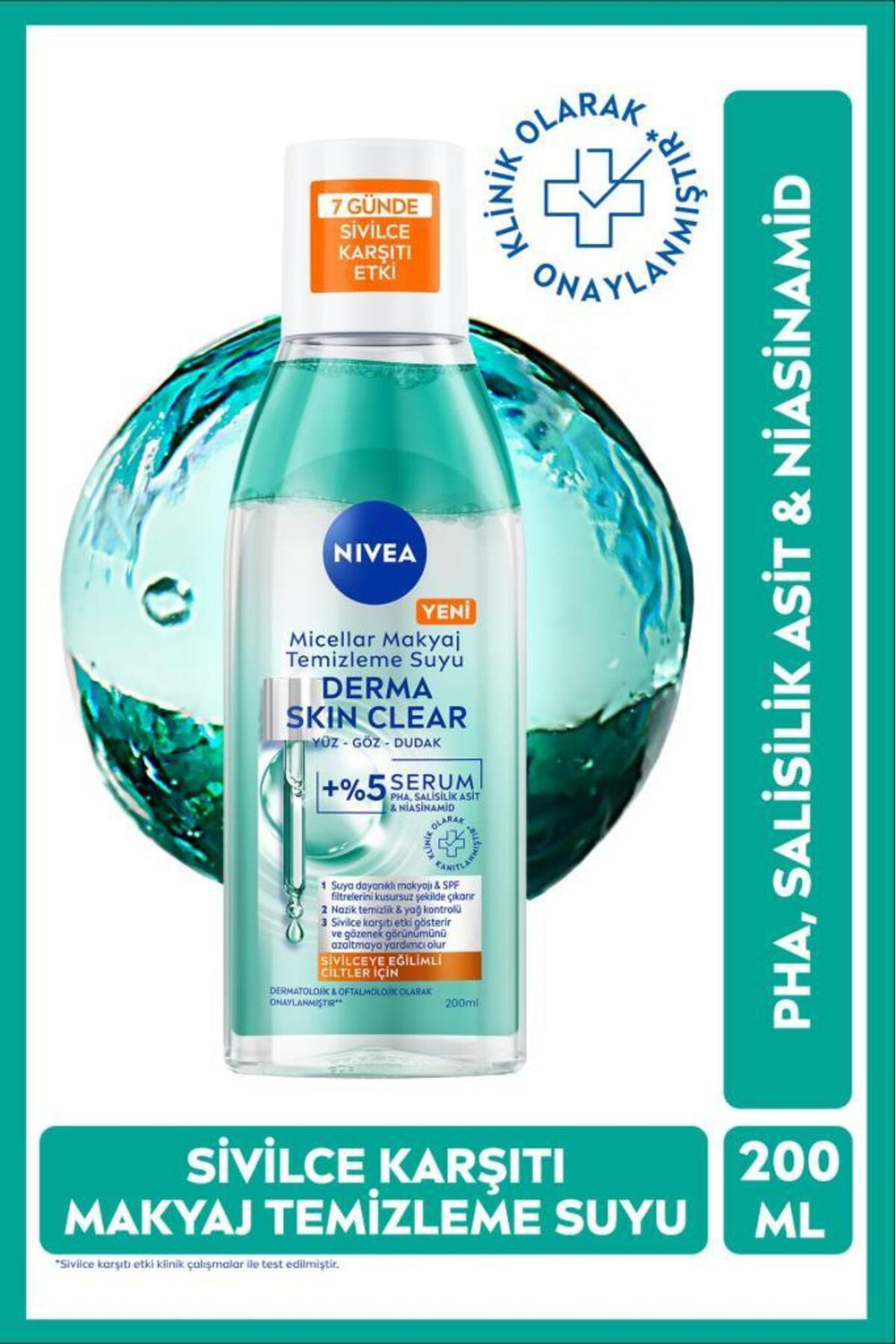 Nivea Micellar Make-up Cleansing Water Derma Skin Clear 200 ml, Anti-Niacinamide, Salicylic Acid, PHA
