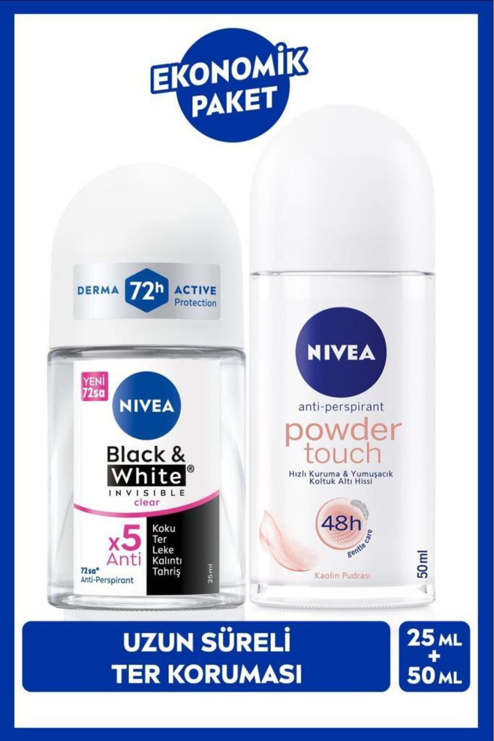 Nivea Women's Roll-on Deodorant Powder Touch 50ml and Mini Roll-on Black&White Clear 25ml, Anti-perspirant