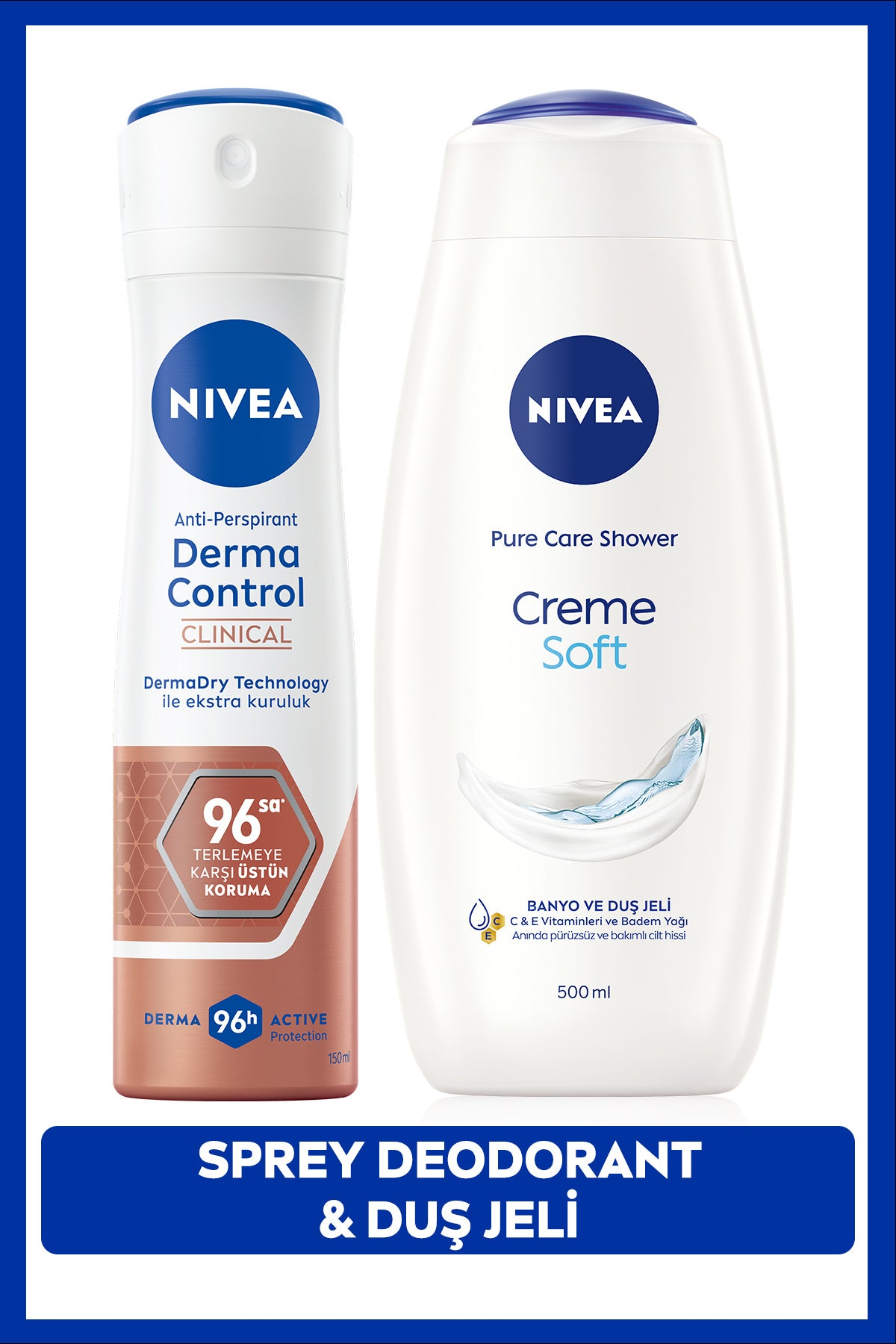 Nivea Creme Soft Shower Gel 500ml and Women's Spray Deodorant Derma Control Clinical 50ml, 96 hours Sweat Protection