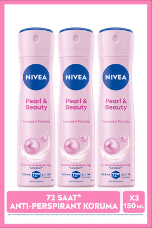 Nivea Women's Spray Deodorant Pearl&Beauty 150ml, 72 Hours Protection Against Sweat, Floral Fragrance, X3 Pieces